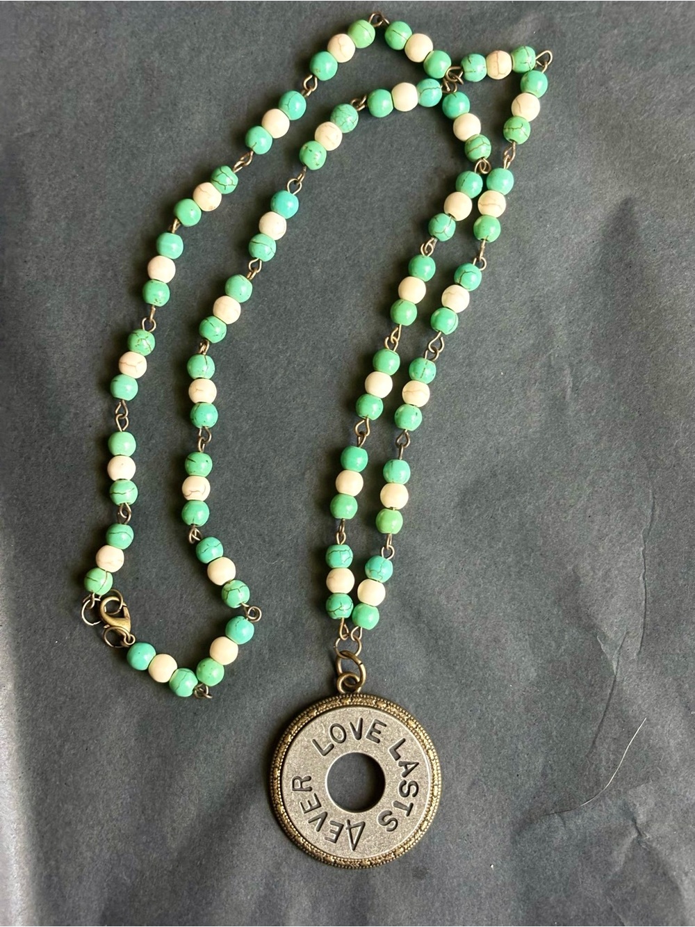 Love Lasts Always Turquoise & Cream Beaded Pendant Necklace